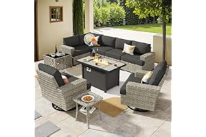 HOOOWOOO Outdoor Sectional Patio Furniture Set with Fire Pit Table,10 Pieces Wicker Conversation Sets L Shaped Couch,Extra Deep Out Door Sofa Outside Furniture with Swivel Chairs,Black