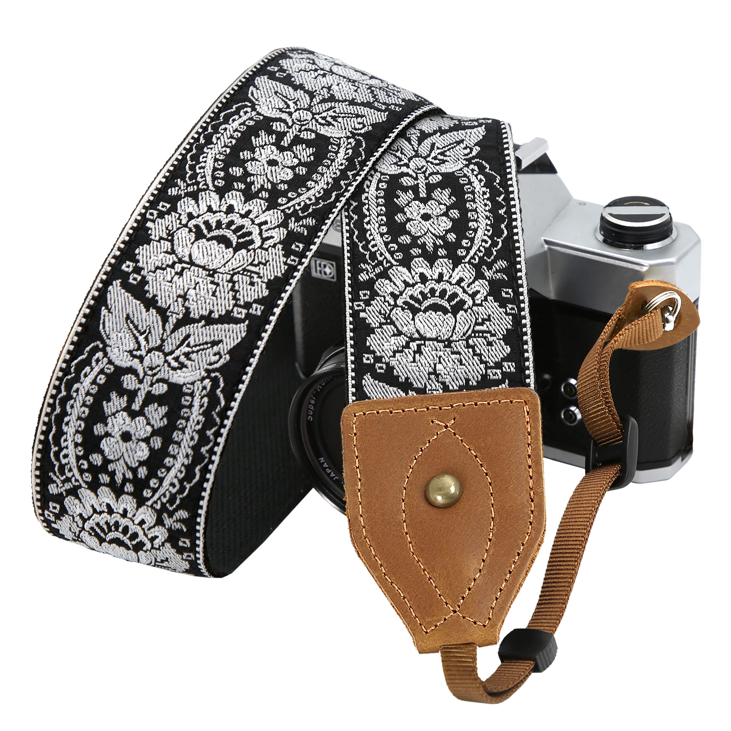 Padwa Lifestyle 2" Wide Classic Crazy Horse Art Cowhide Head Camera Strap - Jacquard Embroidery Floral Vintage Camera Straps for Photographers Gift, Adjustable Shoulder Neck Strap Fits DSLR Cameras — image 1