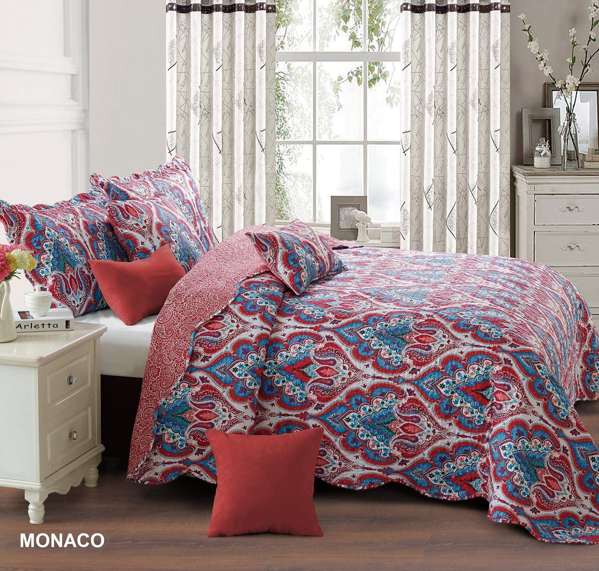 Zash Beautiful Floral Vintage Patchwork Quilted Bedspread/Throw with Pillow Shams (Double, Monaco)