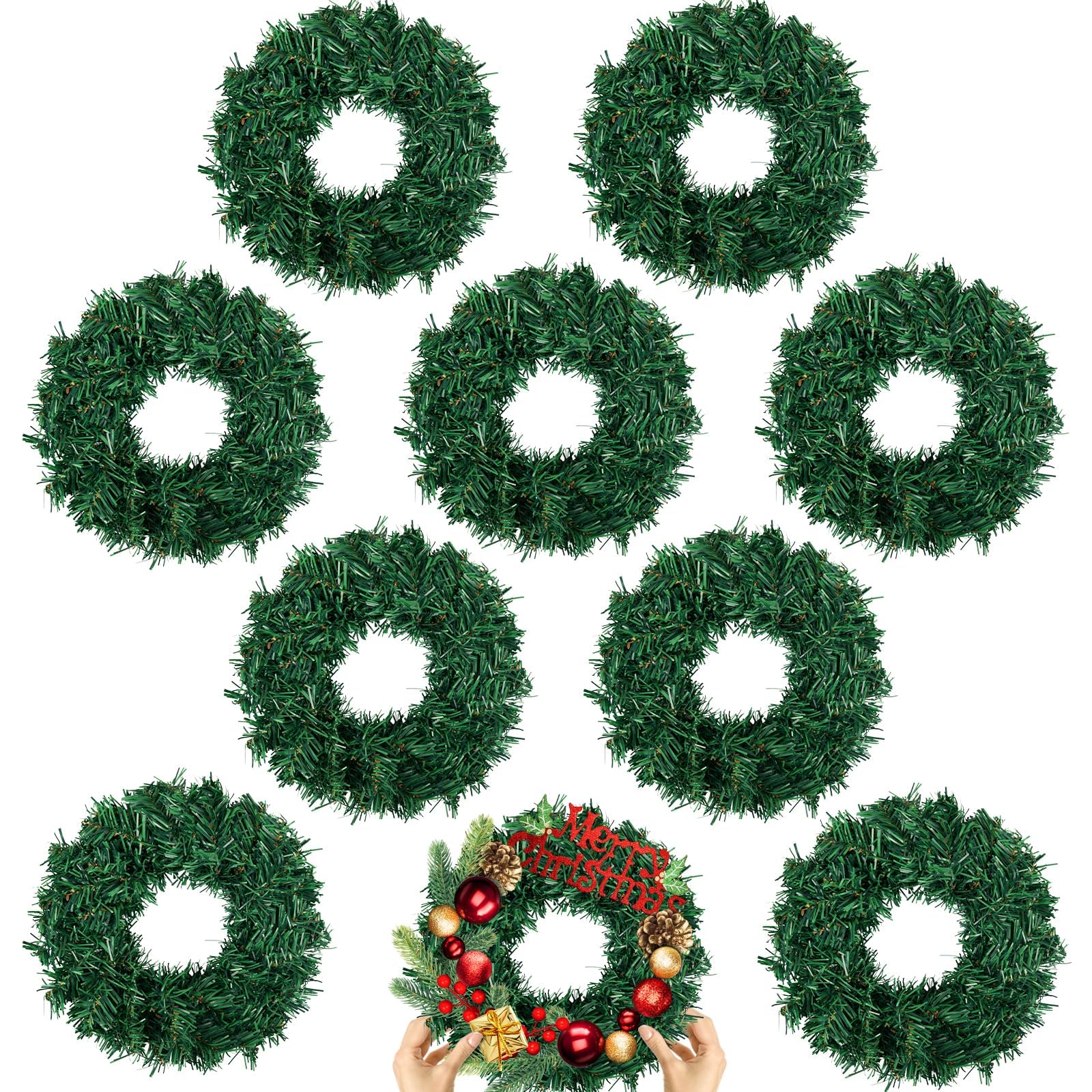 Photo 1 of 10 Pcs Christmas Wreath 10 Inch Green Artificial Wreaths DIY Faux Plain Wreaths Front Door Green Farmhouse Cabinets Wreath Indoor Outdoor Wall Decor(Classic)