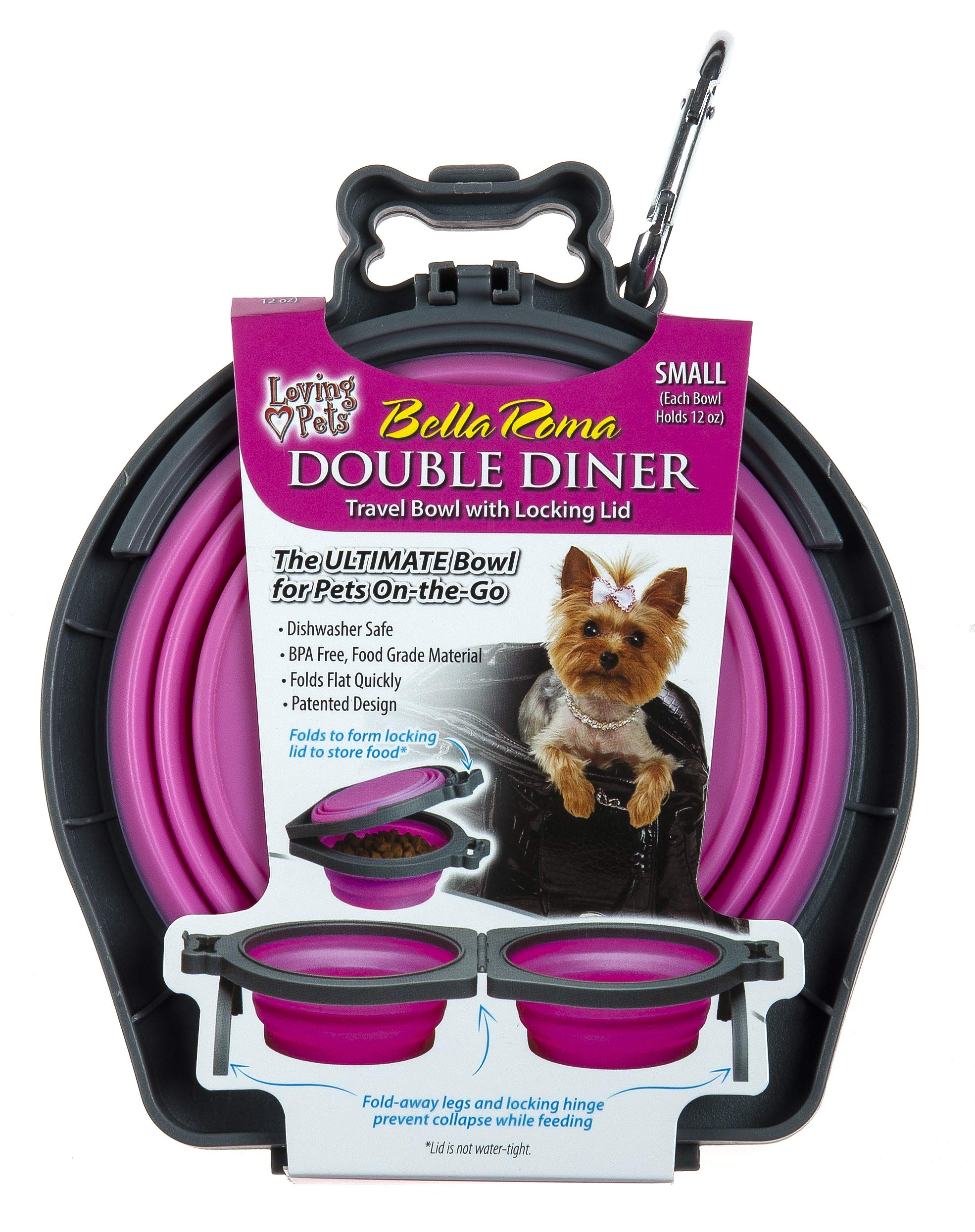 Loving Pets Bella Roma Double Diner Collapsible Dog Bowls - Silicone Dog Bowls, Foldable Bowl, Puppy Essentials & Hiking Pet Supplies Great for Home & Travel (Pink, Small)