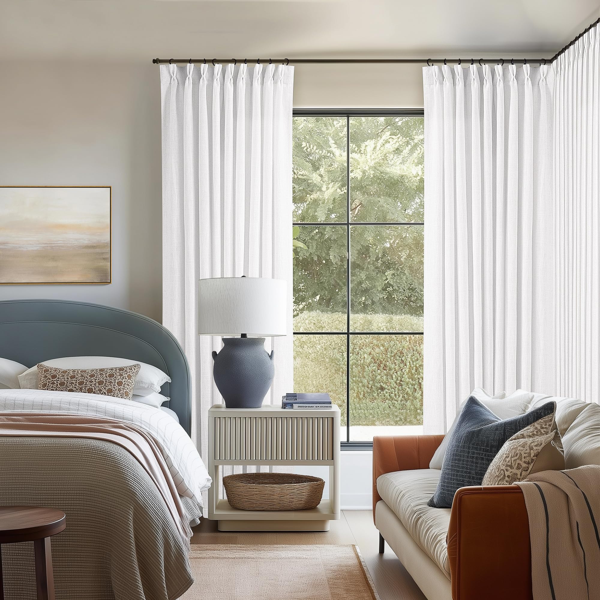 Snow White Pinch Pleated Linen Curtains 1 Panel for Living Room Bedroom ...