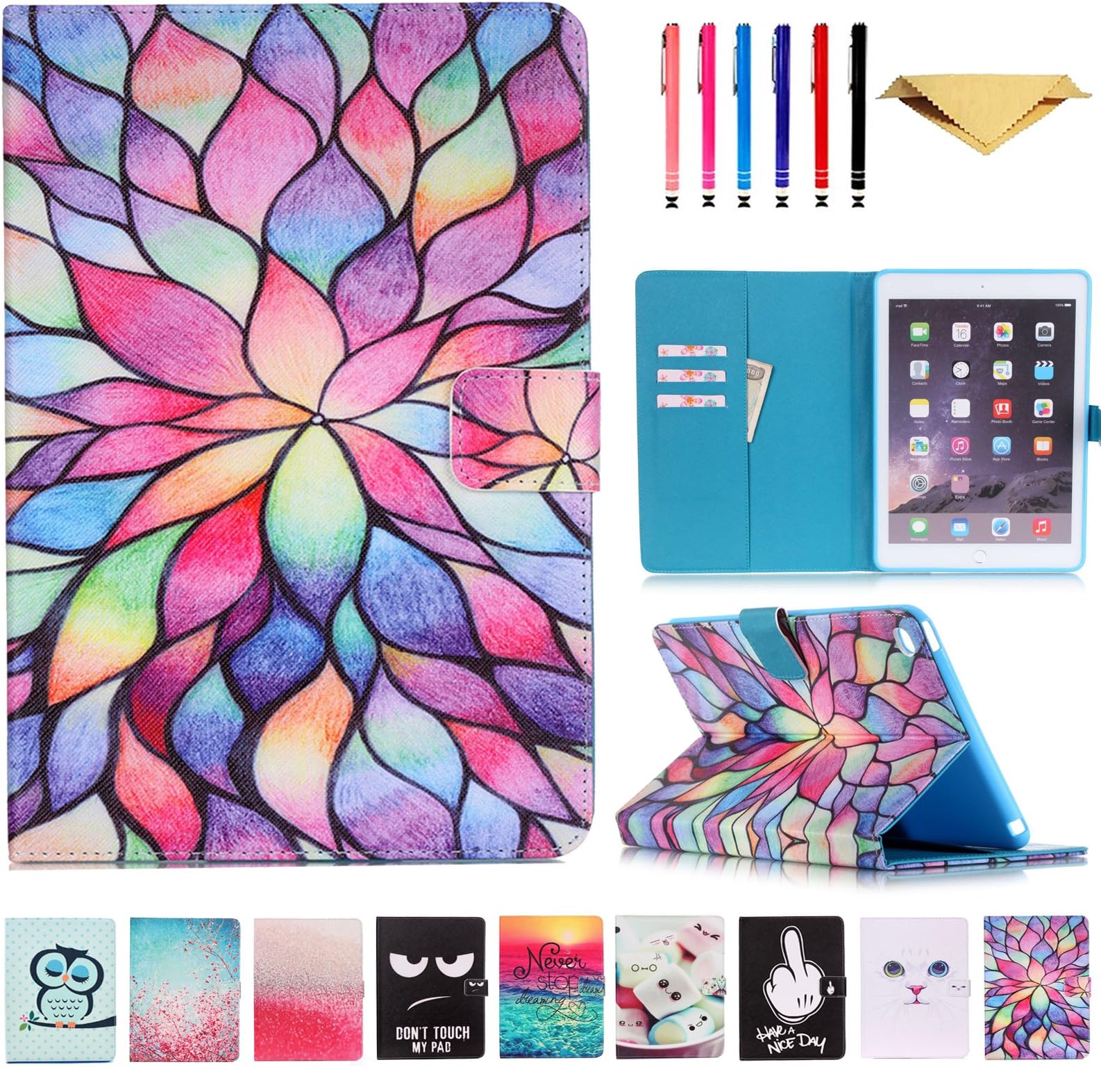 iPad Air 2 Case,MonsDirect Flip Leather Kickstand Case Smart Auto Wake Sleep Wallet Protective Case Cover for iPad Air2 iPad 6,01 Glass Flower