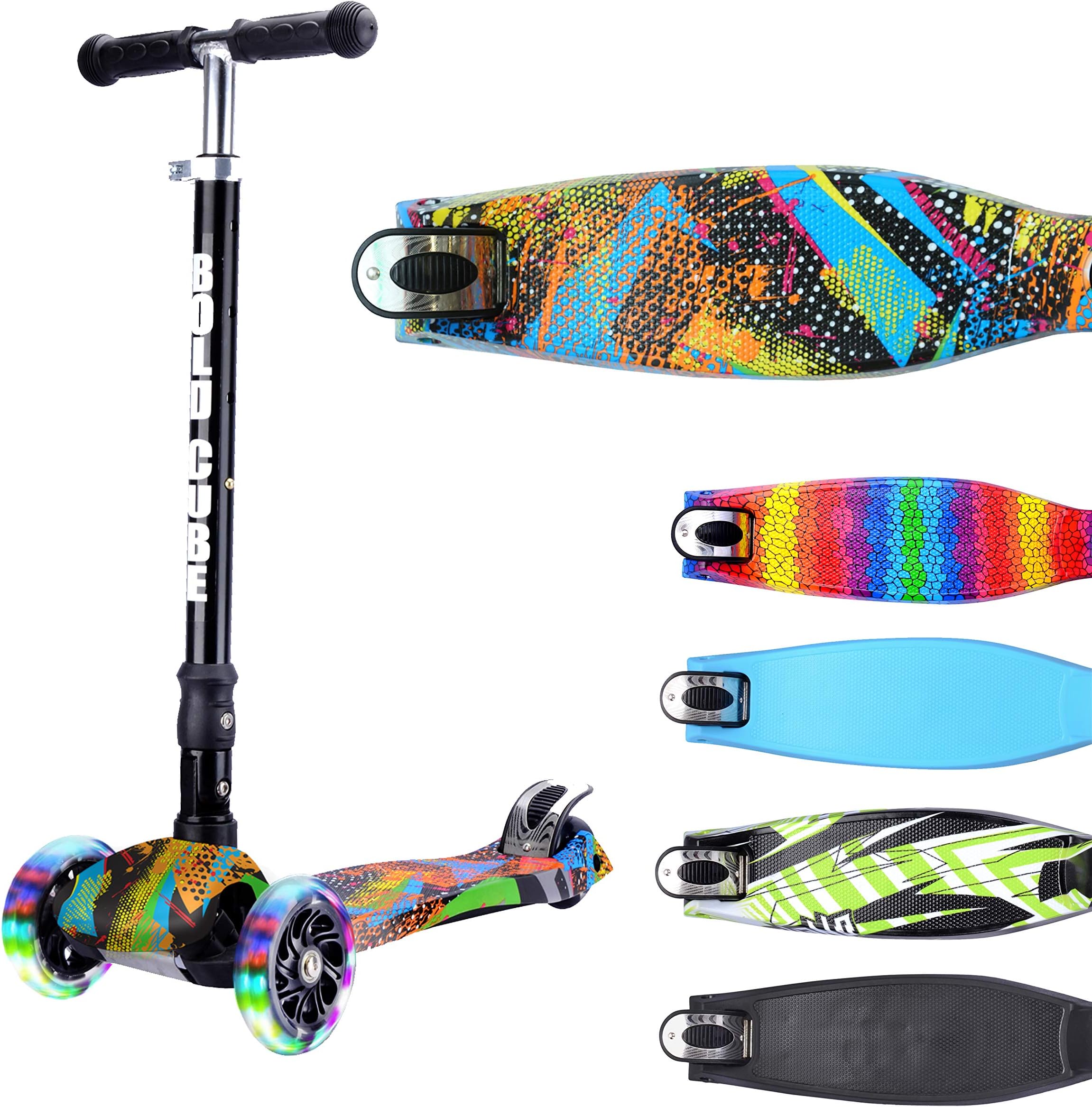 BOLDCUBE Kids 3 Wheel Kick Scooter - Lean to Steer - Foldable & Height Adjustable - Flashing LED Lights - Replaceable Parts - Suitable for Girls & Boys Ages 5 + Gifts for Kids Birthday and Christmas