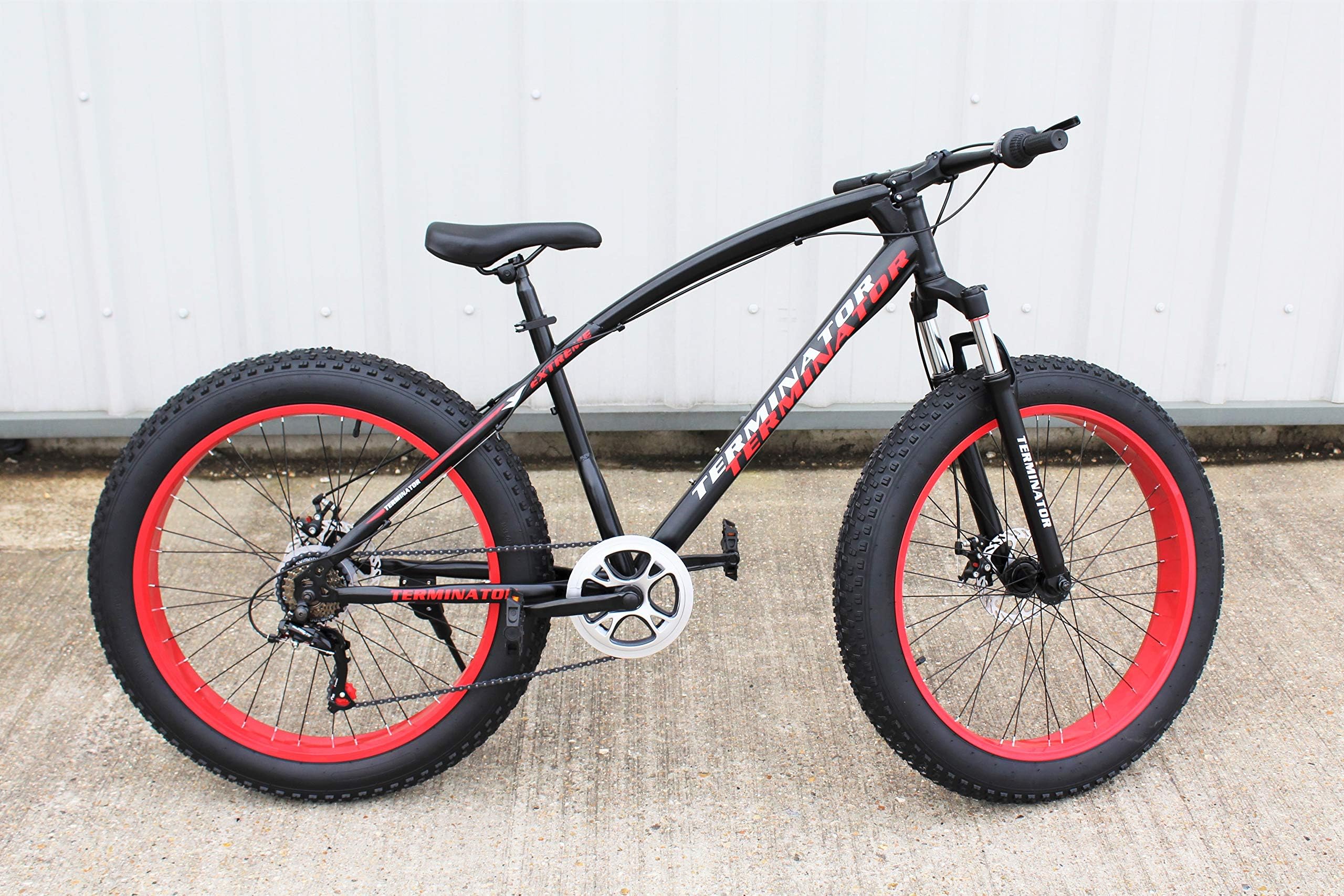 JHI Fat Bike Terminator Black With Red Extreme 26" X 4" wheels Bicycle with 7 Shimano Gears
