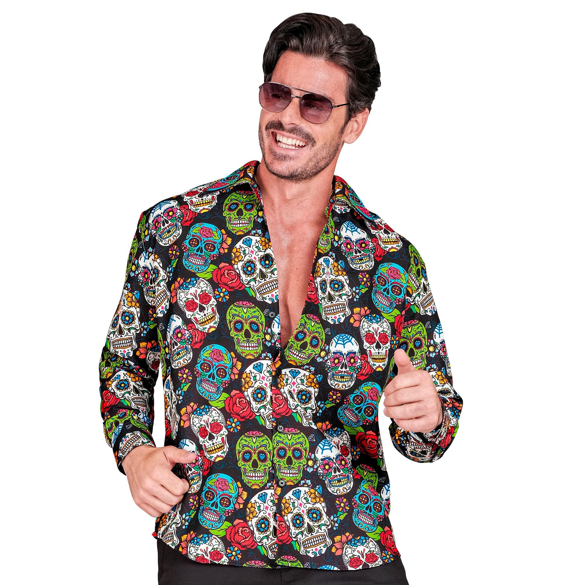 W WIDMANN MILANO Party Fashion - Dia de los Muertos Shirt for Men, Gothic, Horror, Mexican, Halloween, Carnival, Theme Parties, Size XXL