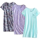PNAEONG 3 Pack Women's Cotton Nightgown Sleepwear Short Sleeves Shirt Casual Print Sleepdress