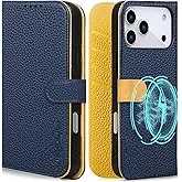 VISOUL Wallet Case for iPhone 17 Pro Max with Card Slots Pebbled Real Leather Protective Cover, RFID Blocking Kickstand Magnetic Folio Case Designed for iPhone 17 Pro Max (6.9")-Blue+Yellow