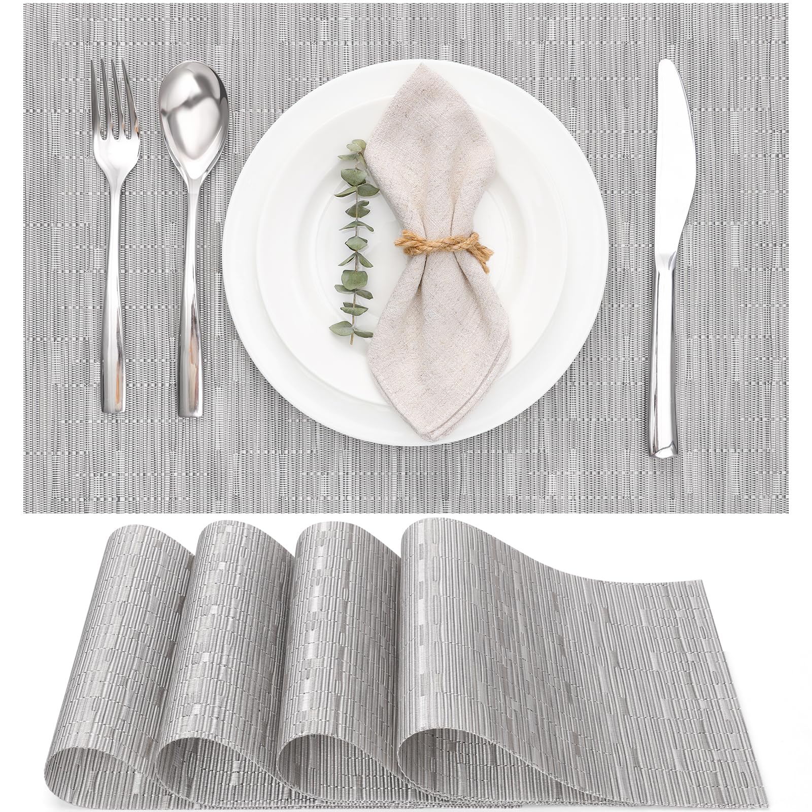 Myir JUN Table Mats Set of 4, Place Mats Table Placemats Washable Non-slip Heat Insulation Woven Vinyl for Kitchen Dinning Restaurant 17"X12" (Silver Gray)