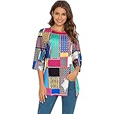 Afibi Womens Print Shirt African Dashiki 3/4 Sleeve Boho Loose Tunic Tops