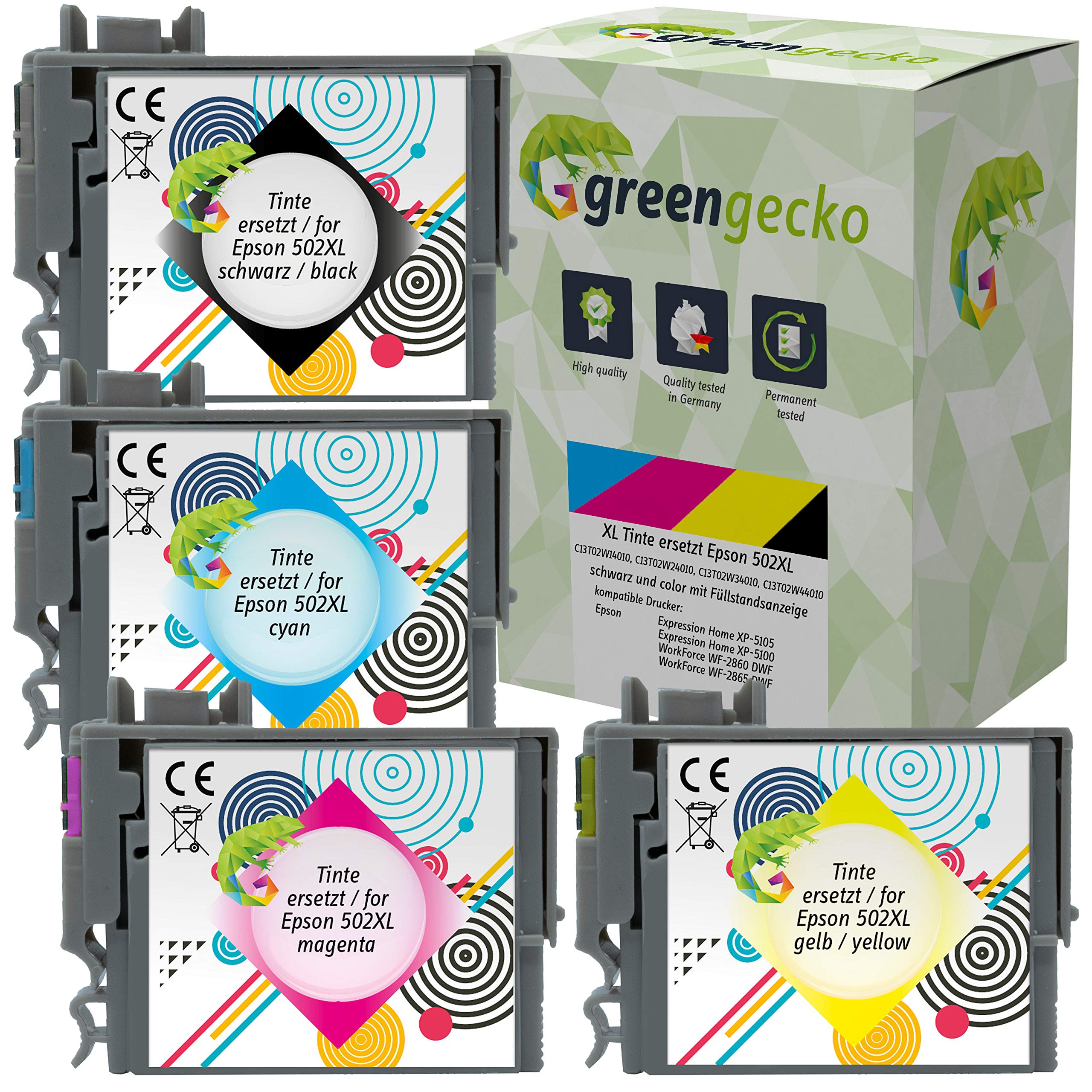 green gecko XL ink cartridges replace Epson 502XL suitable for Epson Expression Home XP-5100, XP-5105, XP-5115, Workforce WF-2860DWF, WF-2865DWF I printer cartridges black, cyan, magenta, yellow
