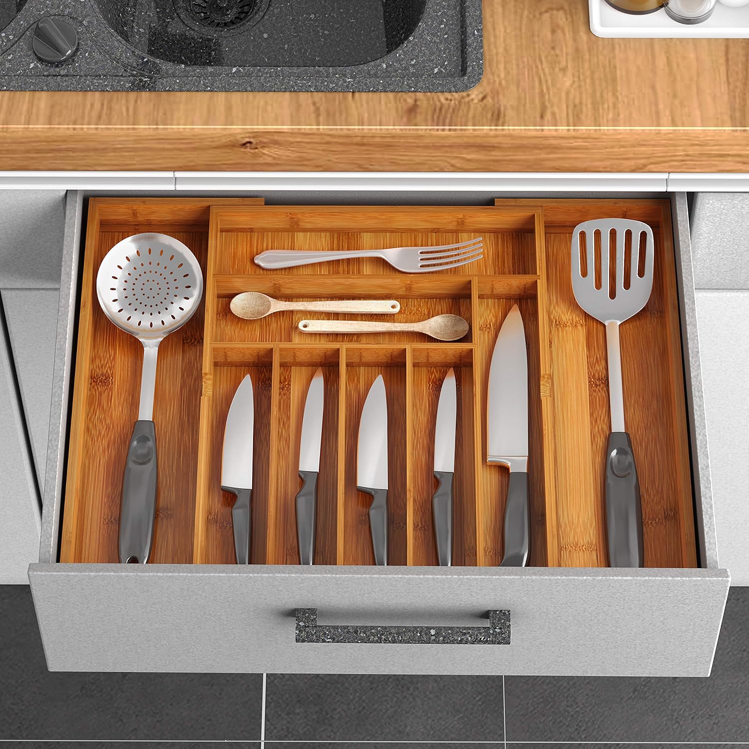 Drawer Organizer Bamboo Silverware Holder Expandable Cutlery Tray