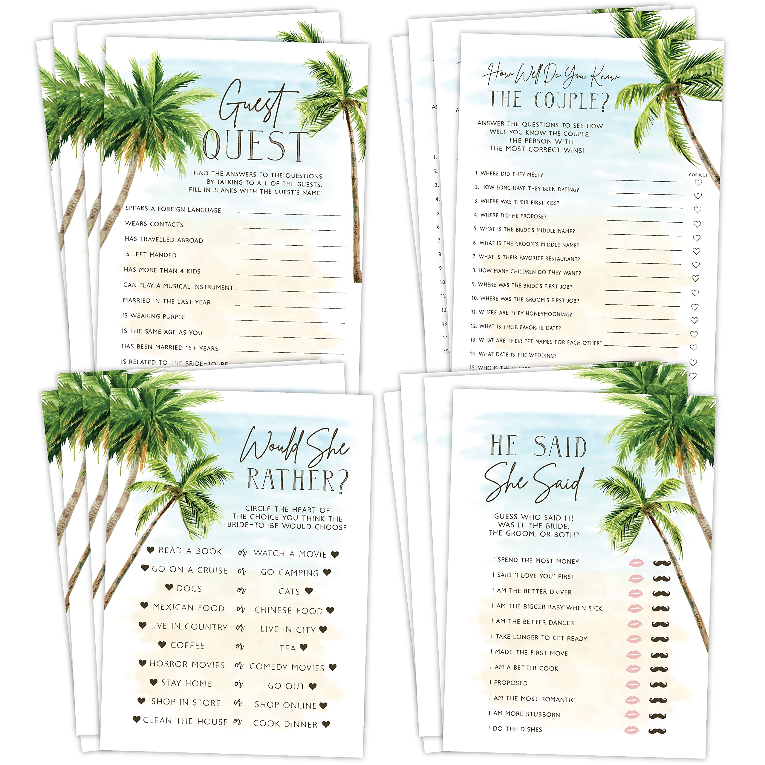 Photo 1 of Your Main Event Prints Palm Tree Beach, Wedding Bridal Shower Games Guest Quest, He Said She Said, Would She Rather, How Well Do You Know(Set of 4 Fun Activities for 25 Guests)