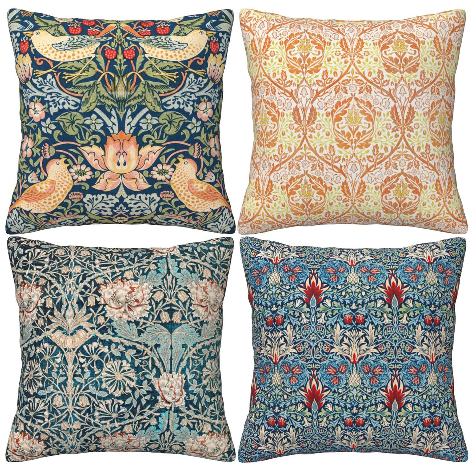 HOSTECCO William Morris Pillow Covers 45x45 cm Pack of 4 The Strawberry Thieves Golden Bough Design Art Pillow Cases Square Decorative Cushion Covers for Sofa Couch