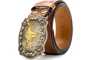 Mawjom Western Cowboy PU Leather Belt - Men Waist Strap Bull Decoration Floral Engraved for Jeans 25" to 38" Waist