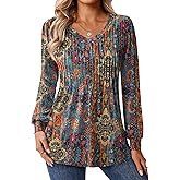 Zeagoo Long Sleeve Shirts for Women Casual V Neck Top Pleated Floral Boho Blouses 2026 Fall Tunics