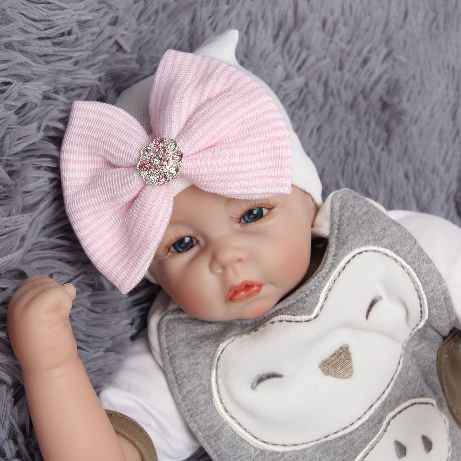 Gellwhu Pink White Blue Newborn Girl Nursery Beanie Hospital Hat with Large Bow (3 Colors Pack K): Clothing