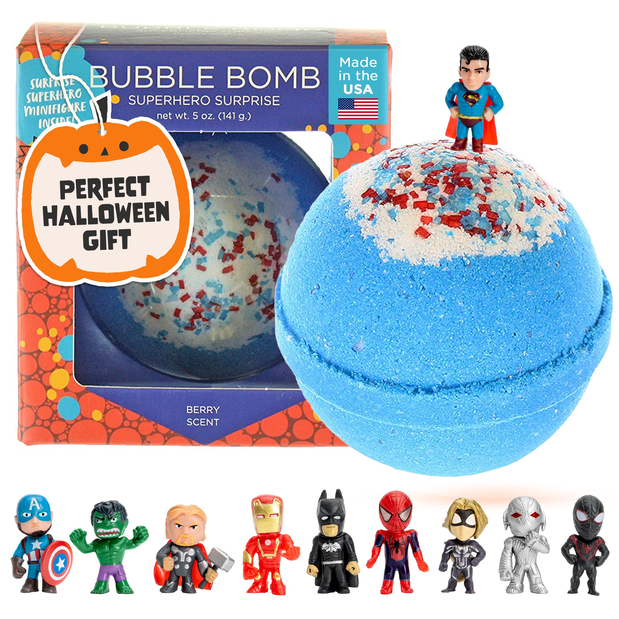 Superhero Bath Bombs for Kids & Boys with Surprise Hero Toys Inside (1 Pack) - Large Bubble Bath Bombs for Boys & Girls - Children Gift & Boys Stocking Stuffers - Fruity Scent, USA Made by Two Sisters