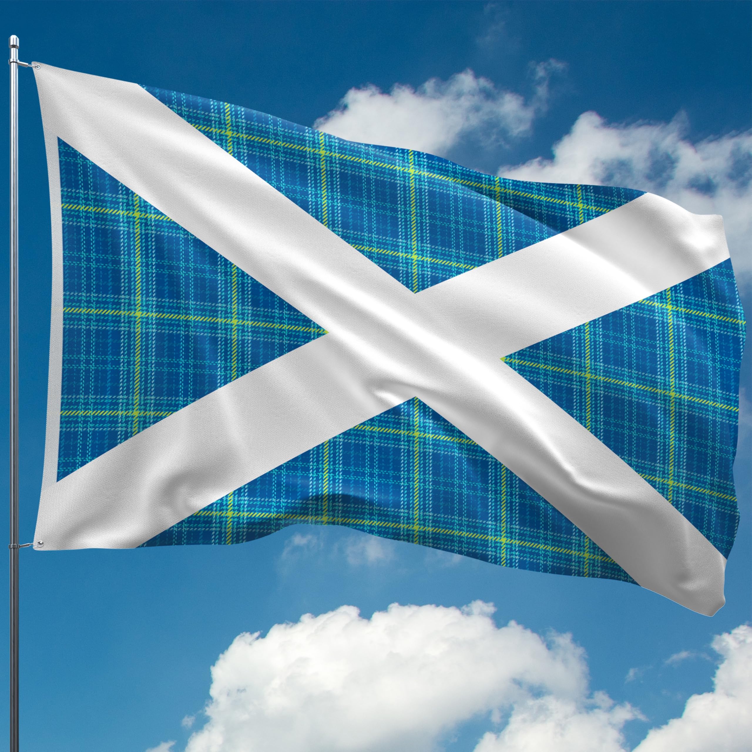 Scottish Tartan Dark Blue St Andrews Saltire Flag - Double-sided Digital Print - 110Den Thick Polyester - Double Seam - 2 Brass Eyelets, Large 5ft x 3ft