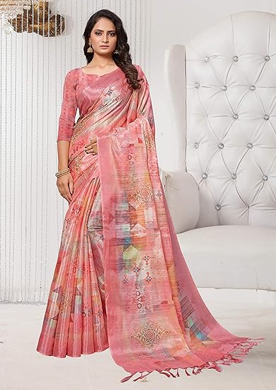 Fevinaa Womens Indian Silk Digital Printed Saree with Blouse Piece (Red)