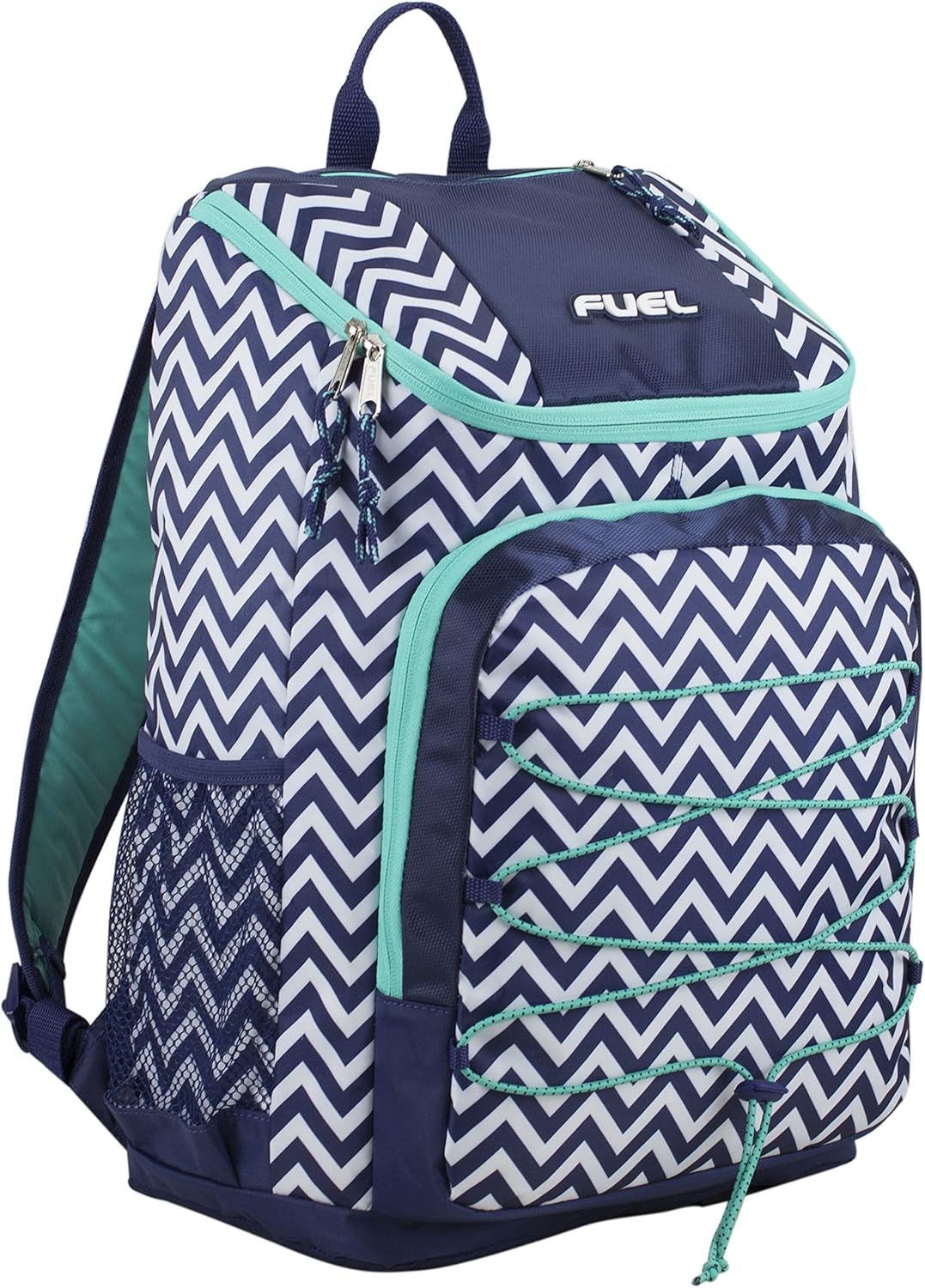 Fuel Wide Mouth Sports Backpack with Front Bungee and Inner Tech Pocket, Deep Cobult Blue/White Chevron Print/Turquoise Trim