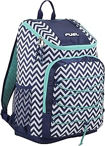 Fuel Wide Mouth Sports Backpack with Front Bungee and Inner Tech Pocket, Deep Cobult Blue/White Chevron Print/Turquoise Trim