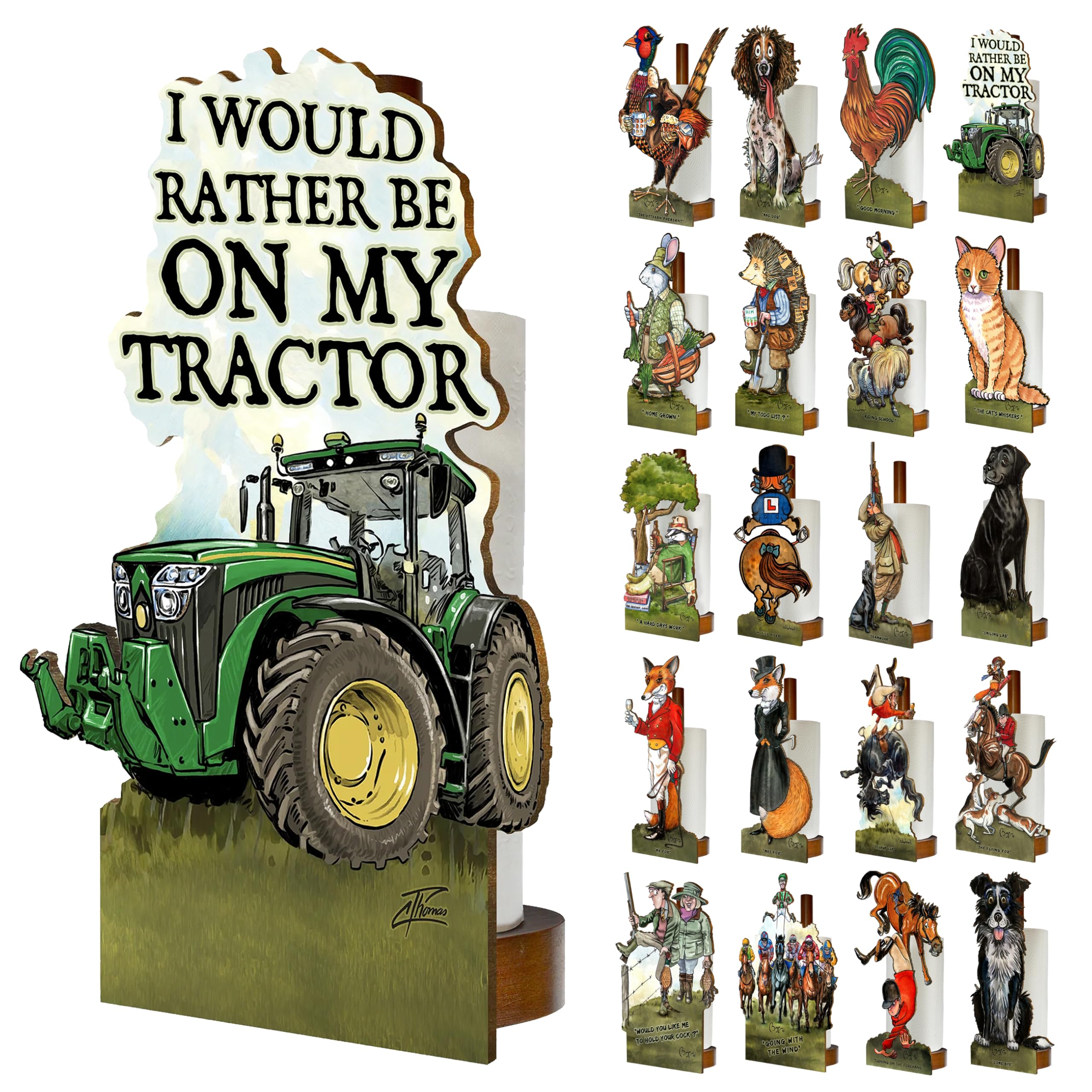 Looprints Fun Toilet Roll Storage & Kitchen Towel Holder Wooden Stand | Green Tractor Art | Novelty Kitchen & Bathroom Decor & Accessories | A Great Gift Idea For Young Farmers and Tractor Enthusiasts