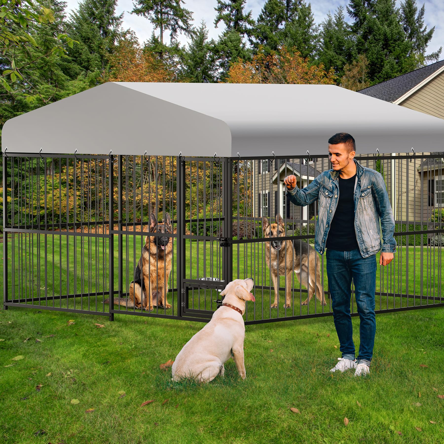 Photo 1 of 10x10x6 FT Large Dog Kennel Outdoor,Heavy Duty Outdoor Dog Kennel with Roof,with Uv-Resistant Waterproof Roof Covered Dog Cage,Lock,for Medium and Large Dogs,Easy Assembly