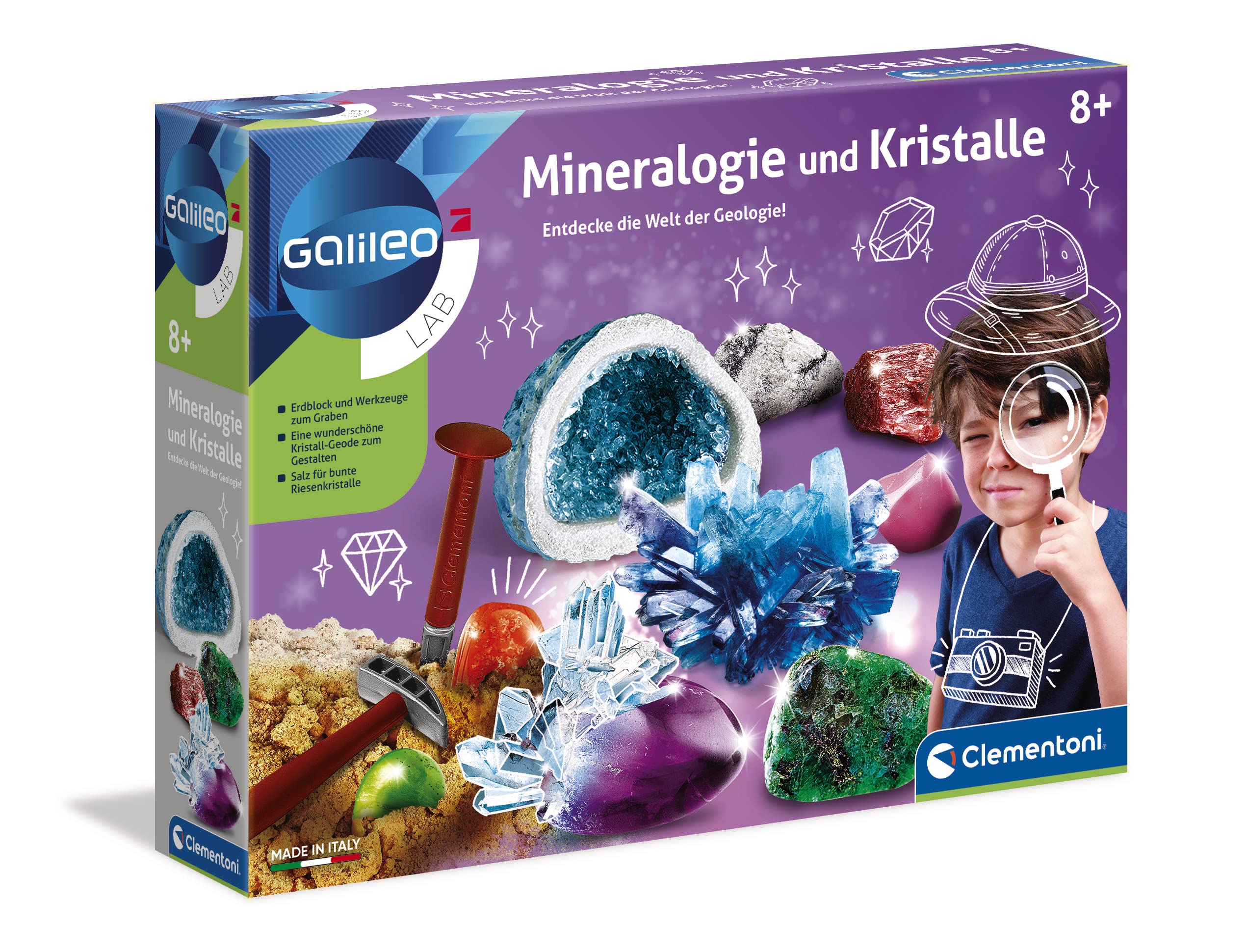 Clementoni Galileo Lab Mineralogy and Crystals Excavation Set - Game for Children from 8 Years - Includes Digging Tools and Crystal Geode, 59005