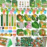BenLouis 120Pcs Jungle Safari Stationery Set Party Favors for Kids | Jungle safari goodie bag stuffers, wild one party decorations, zoo birthday classroom gifts, for kids 4-8-12, pinata supplies