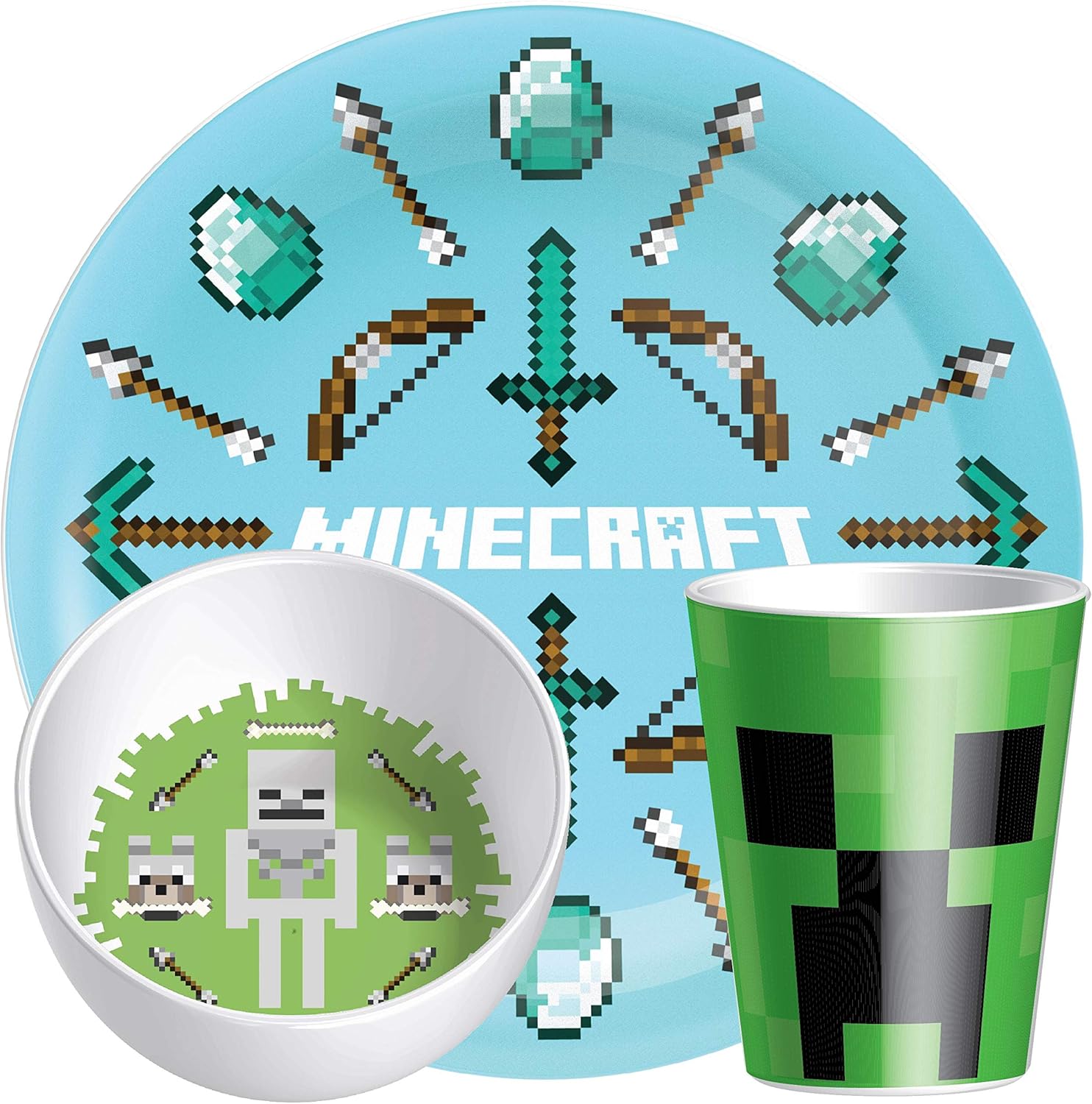Zak Designs Minecraft Kids Dinnerware Set Includes Plate, Bowl, and Tumbler, Non-BPA Made of Durable Melamine Material and Perfect for Kids (3-Piece Set)