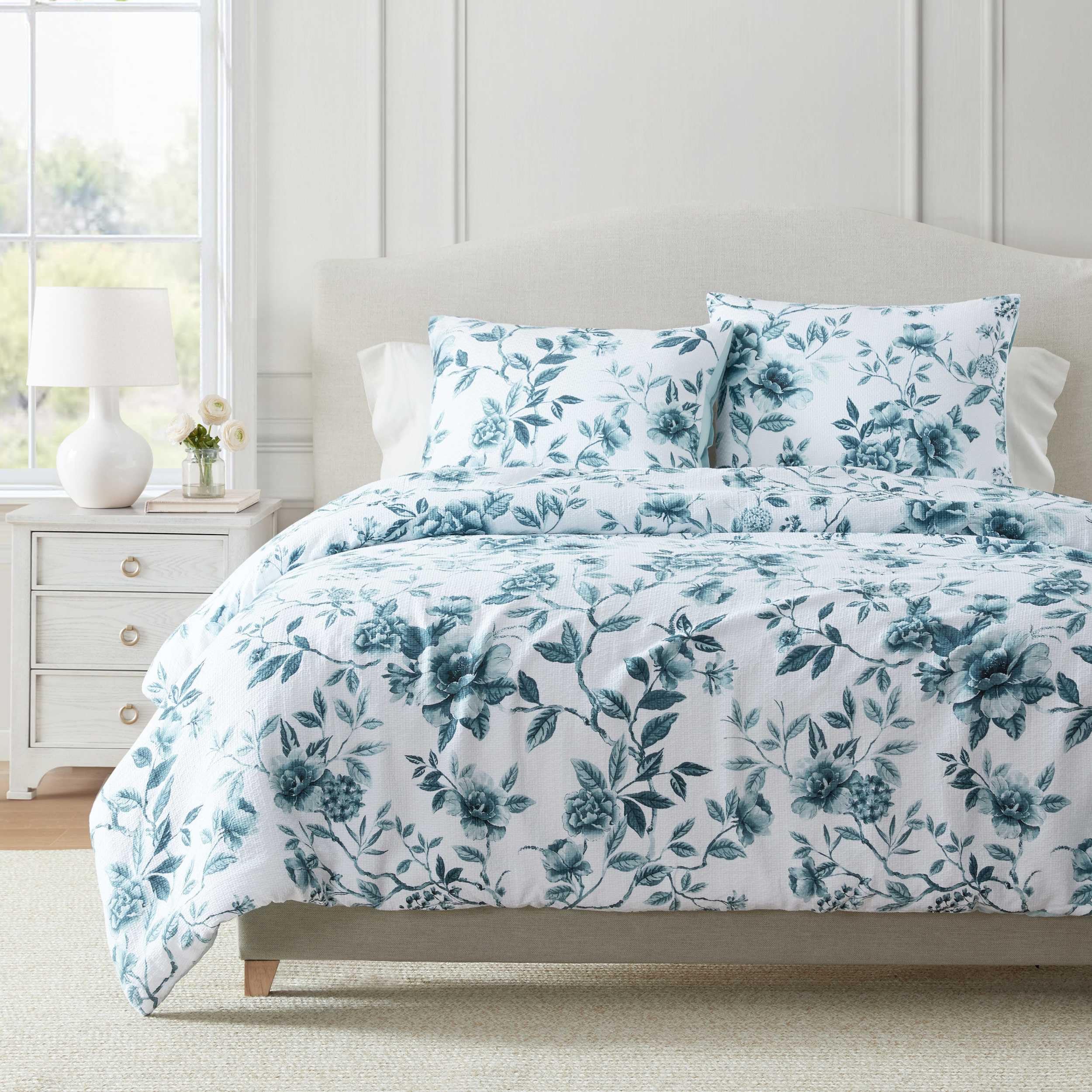 Photo 1 of Martha Stewart - Twin Duvet Cover Set, Textured Cotton Jacquard with Refined Softness & Medium Weight Feel, 2 Piece Bed Set with Matching Pillowcase (Vivian Floral Blue)