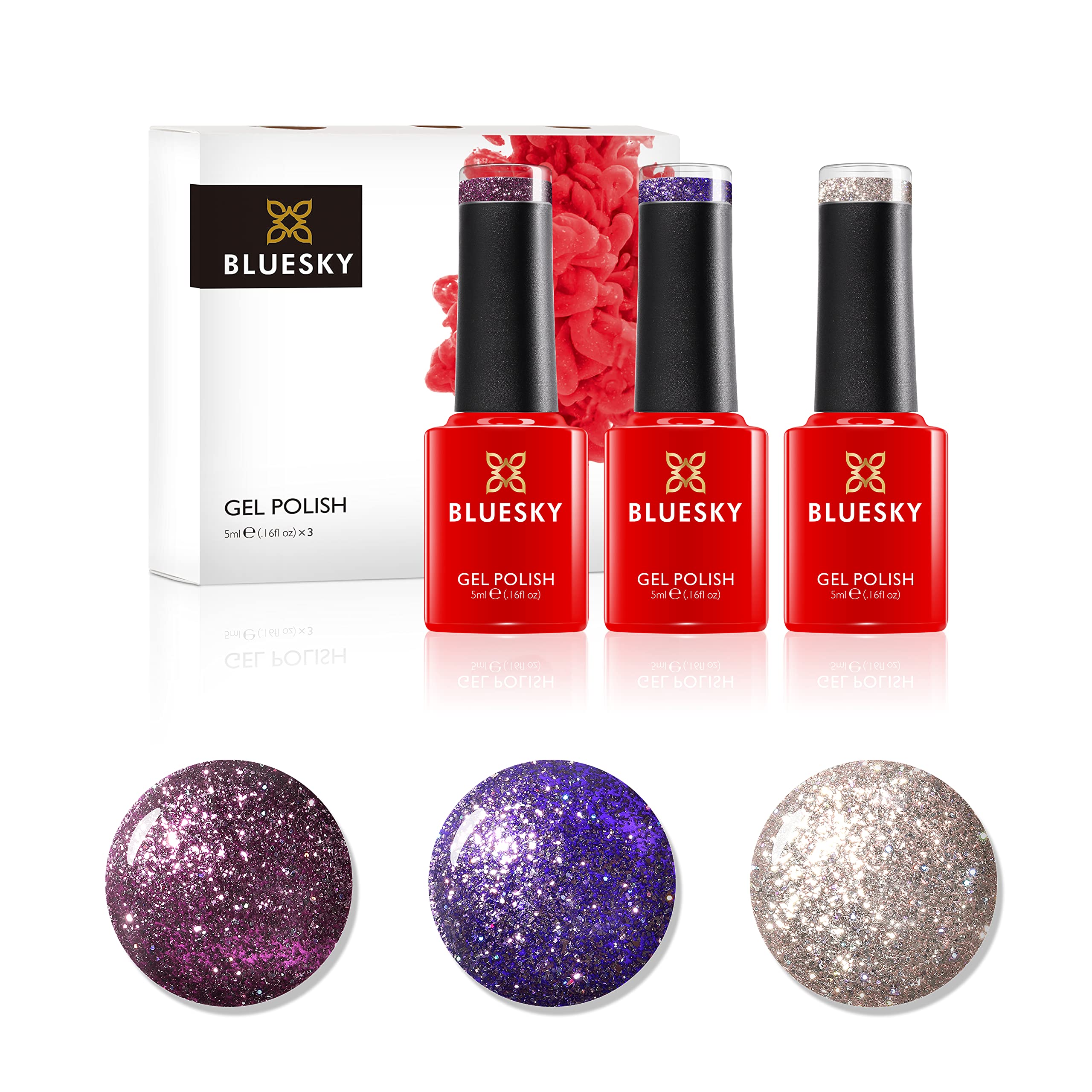 Bluesky Gel Nail Polish, Dazzling Platinum Gel Trio Set 2 - Purple, Gold, Glitter 5ml (Requires curing under UV or LED Lamp) — image 1