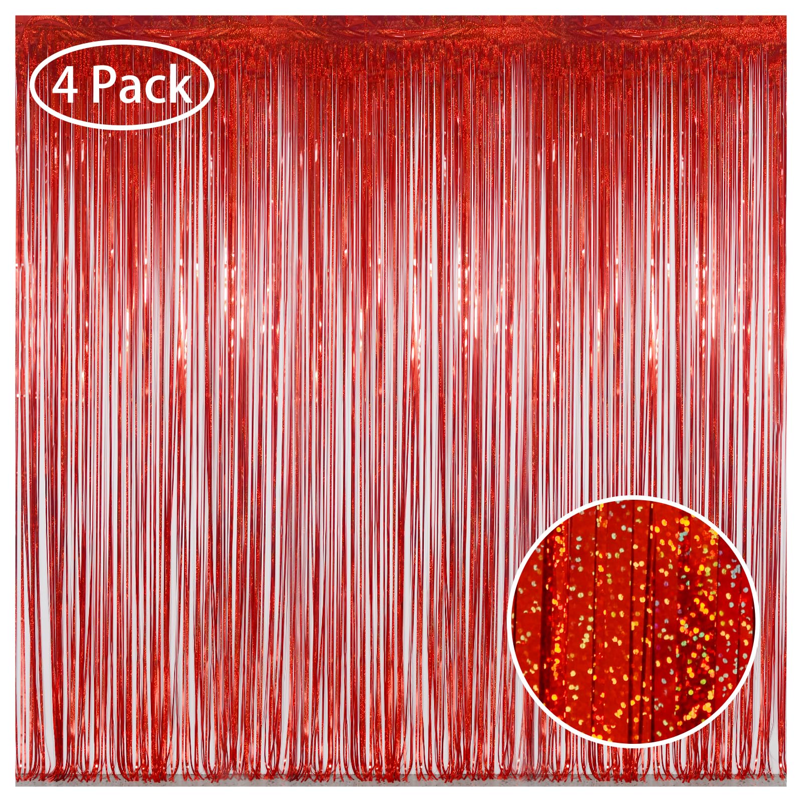 Red Tinsel Curtain Valentine Decorations for Party - 3.2 x 8ft Foil Curtain Valentine Party Supplies Photo Streamers for Birthday Christmas Valentines Day Party Backdrop - 4 Pack