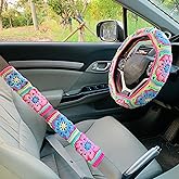 onEternal Handmade Crochet Steering Wheel Cover for Women Girl, Cute Colorful Flower Seat Belt Cover, Car Interior Accessories Decorations. (Steering Wheel Cover+ 2 Belt Cover)