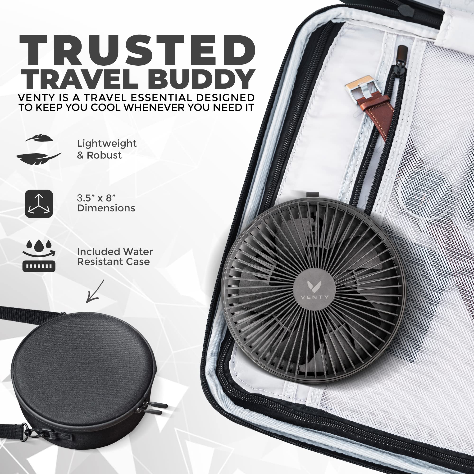 VENTY Portable Fan - Wireless Battery Operated Fan - 4 Speeds - LED Lighting - Carry Case & Remote Control - Cruise Travel - Outdoor Travel RV Power Bank With USB-C Port (Black with Case)