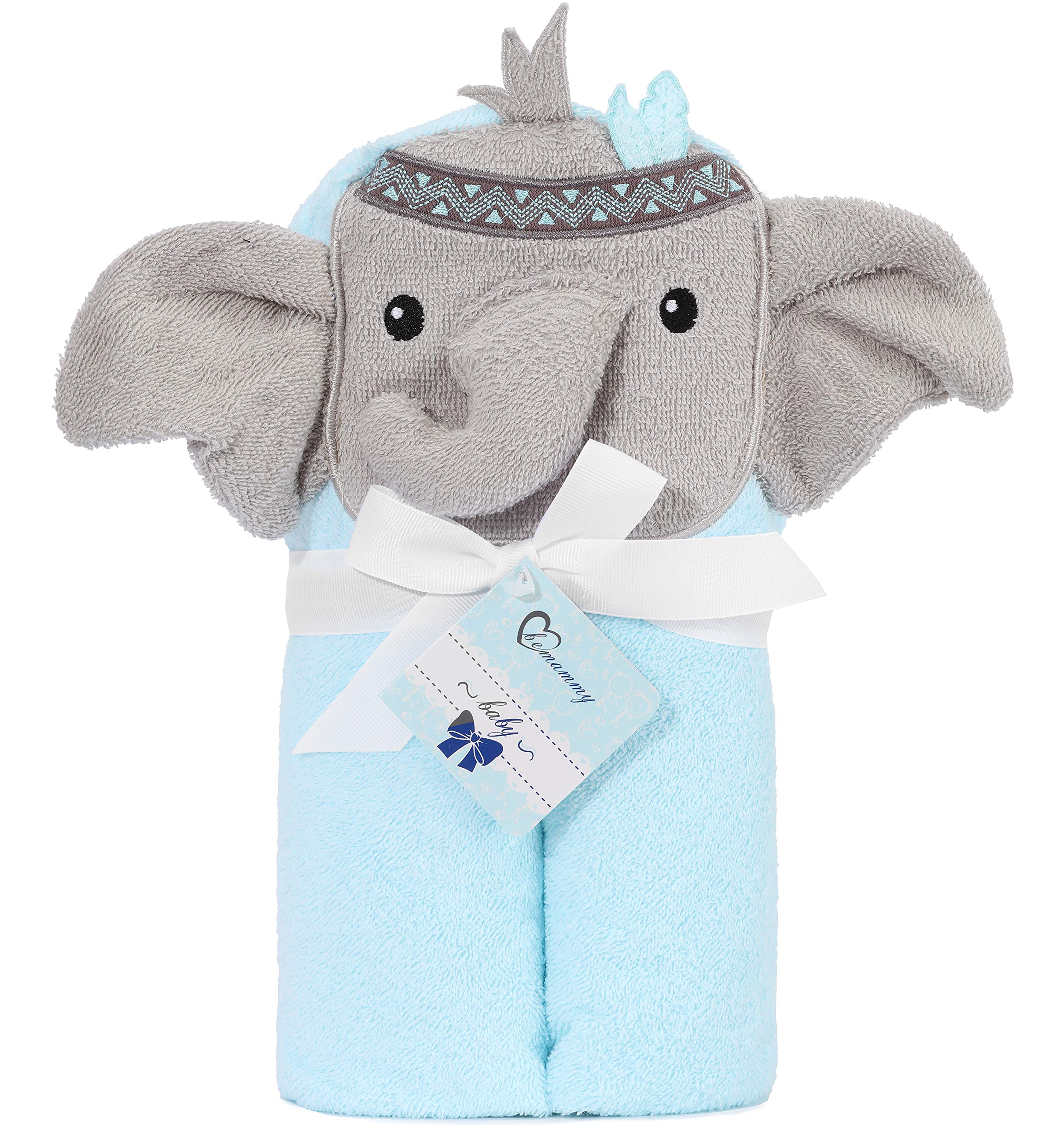 Be Mammy Baby Hooded Towel Made of Cotton 37.4in x 37.4in BE20-272 (Blue - Elephant)