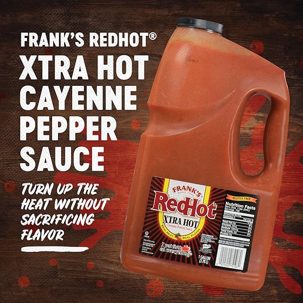 FRANK’S REDHOT XTRA HOT CAYENNE PEPPER HOT SAUCE, 1 GAL – ONE GALLON OF EXTRA HOT CAYENNE PEPPER HOT SAUCE WITH 3X THE HEAT, BEST FOR WINGS, PIZZA, SIDES, SNACKS, BAR BITES AND MORE