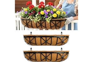 LaLaGreen 30 Inch, 2 Pack Railing Planters with Adjustable Mounting Brackets – Black Metal Window Planter Boxes for Outdoor G