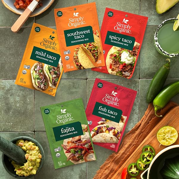 SIMPLY ORGANIC MILD TACO SEASONING MIX, GLUTEN FREE, CERTIFIED ORGANIC, KOSHER, VEGETARIAN, PURE FLAVOR FOR TACOS, STIR-FRIES, MEXICAN DISHES, AND MORE | 1 OUNCE (PACK OF 1)