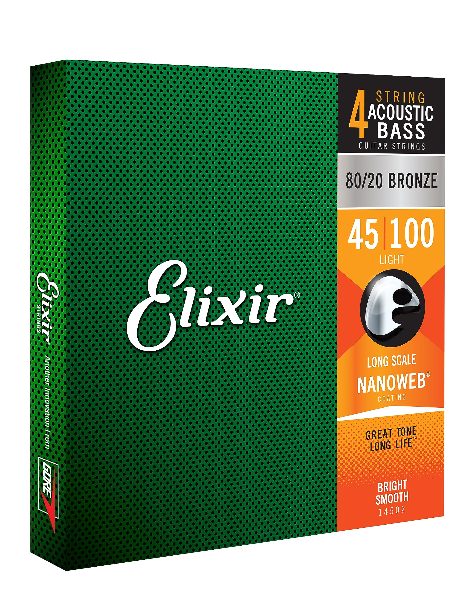 Elixir Strings 80/20 Bronze Acoustic 4-String Bass Strings w NANOWEB Coating, Long Scale, Light (.045-.100)