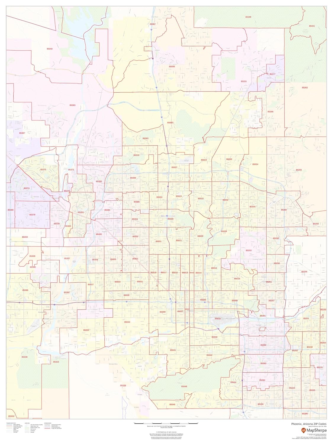 zip code map phoenix arizona Phoenix Arizona Zip Codes 36 X 48 Paper Wall Map Amazon In zip code map phoenix arizona