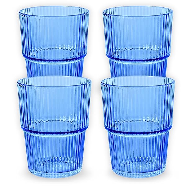 ELEMENT LABS RIBBED DRINKING GLASSES SET OF 4 – STACKABLE GLASS CUPS FOR KITCHEN – ICED COFFEE, WATER, JUICE & MOCKTAILS – AESTHETIC WATER TUMBLERS ELEGANT HOSTESS GIFTS HOME ESSENTIALS (14 FL OZ)