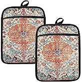 HUGANE Rustic Vintage Boho Pot Holders for Kitchen, Abstract Orange Blue Boho Ethnic Floral Botanical Heat Resistant Hot Pads and Oven Mitts for Baking Cooking