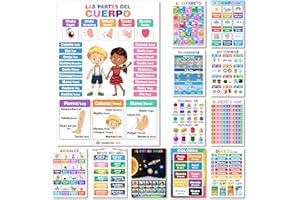 EDUMAETRIX 12 Spanish English Bilingual Educational Posters Water Proof Learning Chart for Preschool, Kindergarten, 1st Grade, Classroom Decoration, Alpabet, Alfabeto, Numbers, Seasons, Colors, Month of the