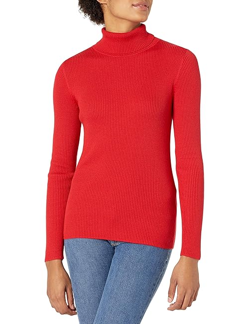 Amazon Essentials Women's Slim-Fit Lightweight Long-Sleeve Turtleneck Sweater, Cherry Red, X-Small