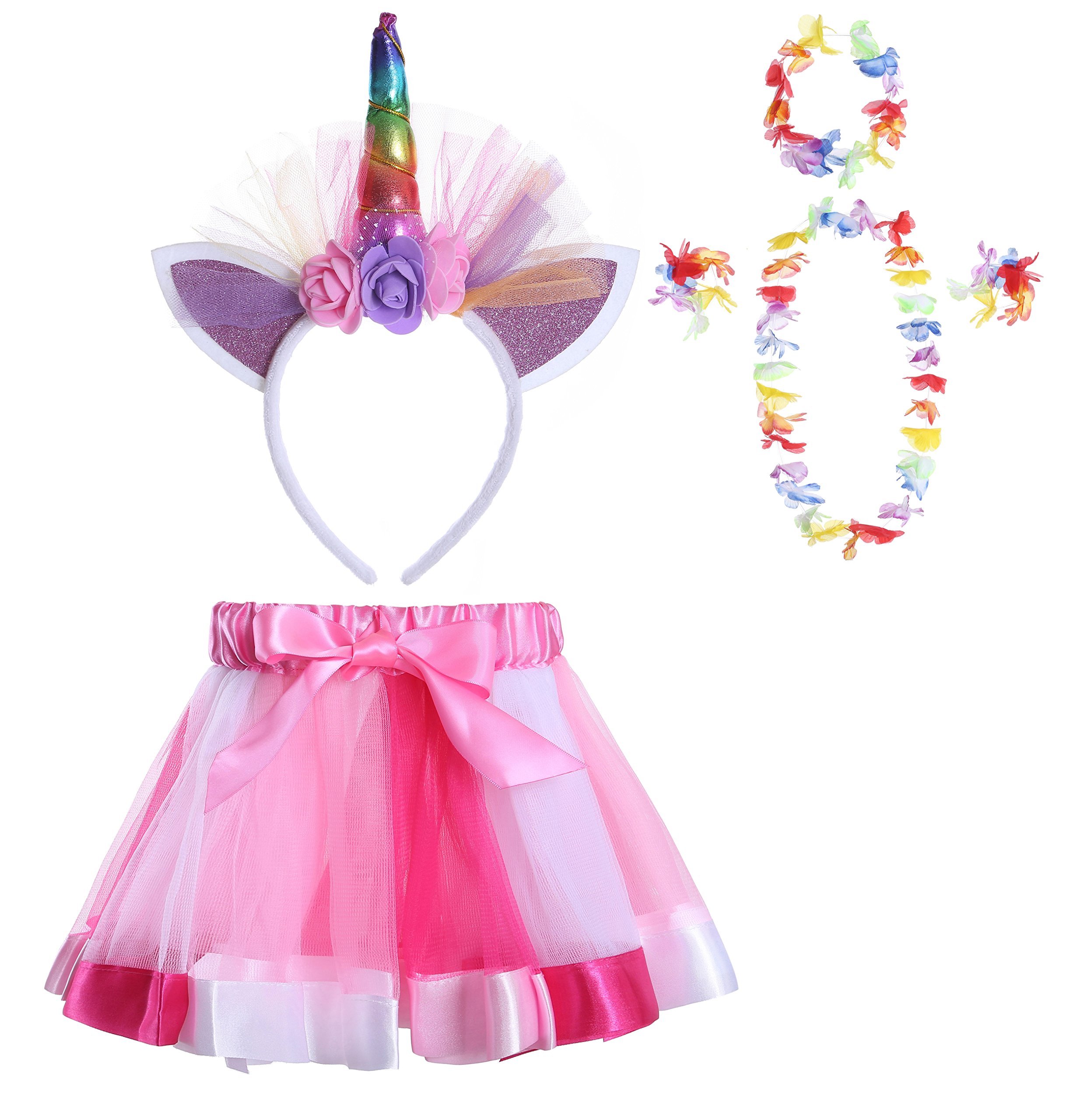 Little Girls Rainbow Tutu Skirt with Unicorn Headband and Hawaii
