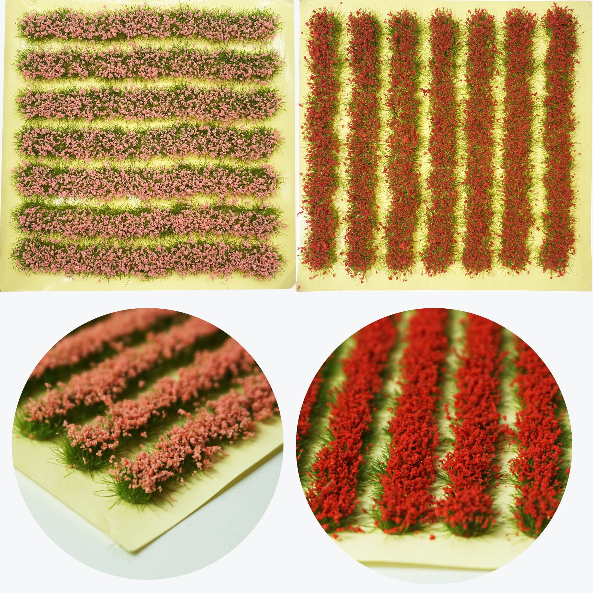 Cayway 2 Color Miniature Shrub Strips Static Shrub Vegetation Groups DIY Miniature Colorful Flower Cluster Static Grass Tuft for DIY Model Train Landscape Railroad Scenery, Pink and Red