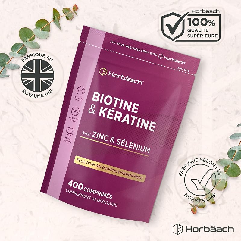 Biotine Cheveux avec Kératine et Zinc - 400 Comprimés - +1 An de Réserve