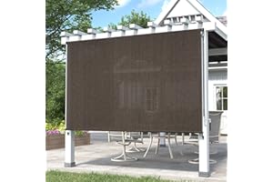 DIFY 9 * 8FT Outdoor Roller Shade, Cordless Patio Roller Up Blinds for Yard Deck Porch, Wand Crank Operation, Mocha